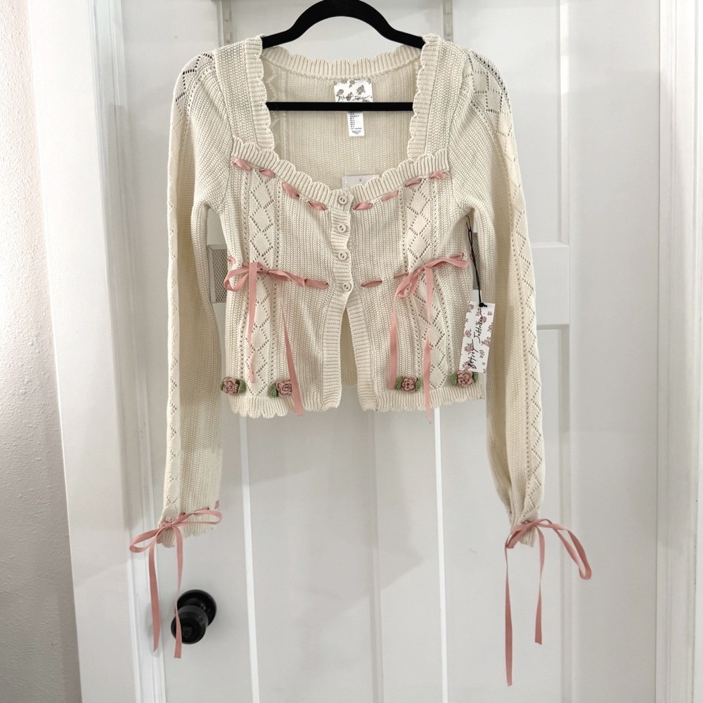Forever 21 Betsey Johnson Rosette Cardigan Sweater Coquette S NWT Cottaecore
